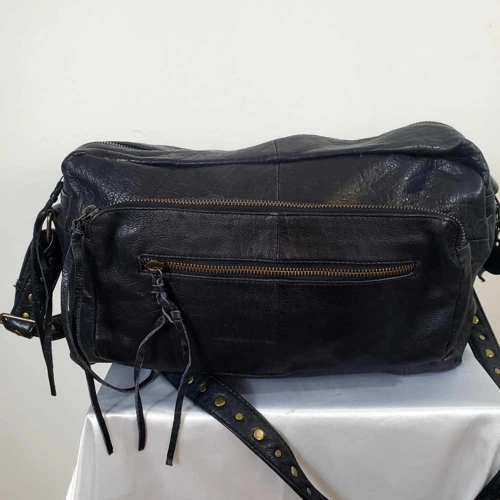 Women's Black Leather Crossbody Bag with Studded Strap